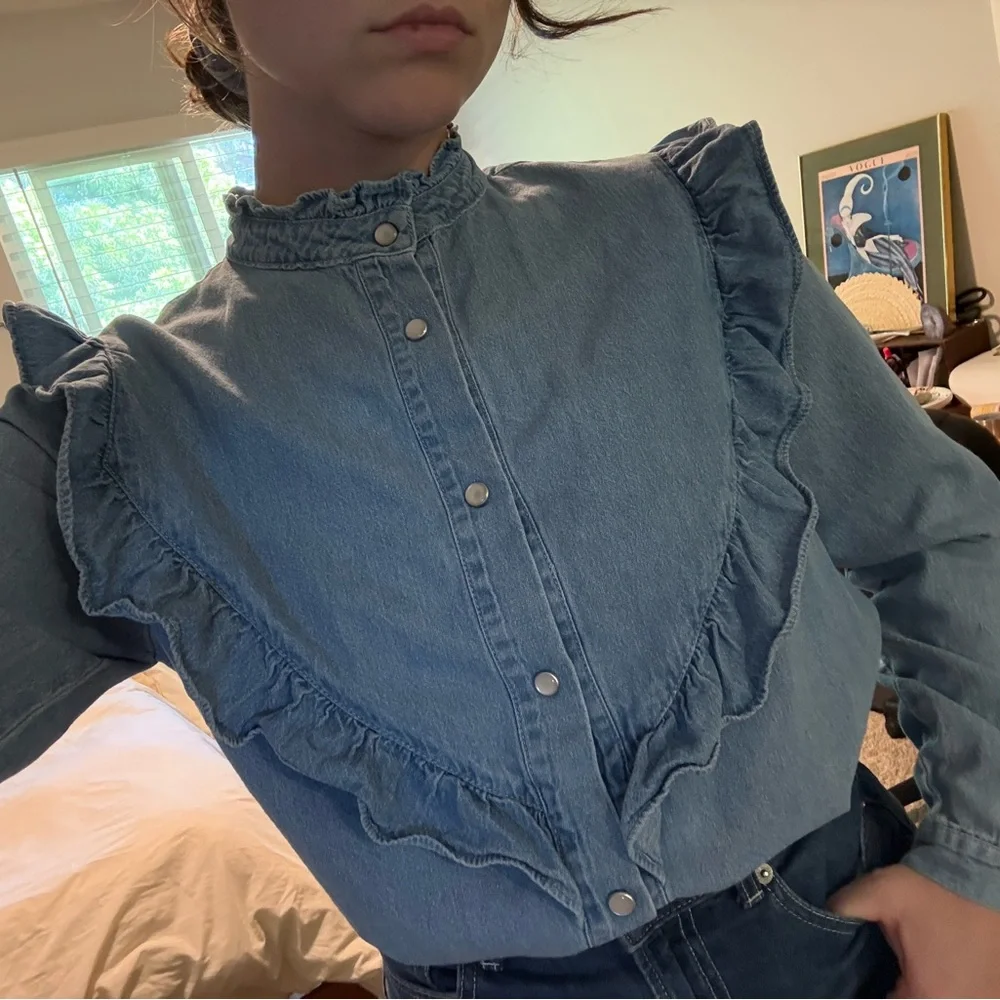 Denim Ruffle Button-Up Shirt - Picture 2 of 5